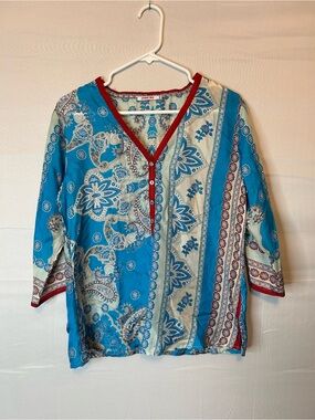 Johnny Was Women’s XS Silk Tunic 3/4 Sleeve Blues Red Trim Boho Hippie 56